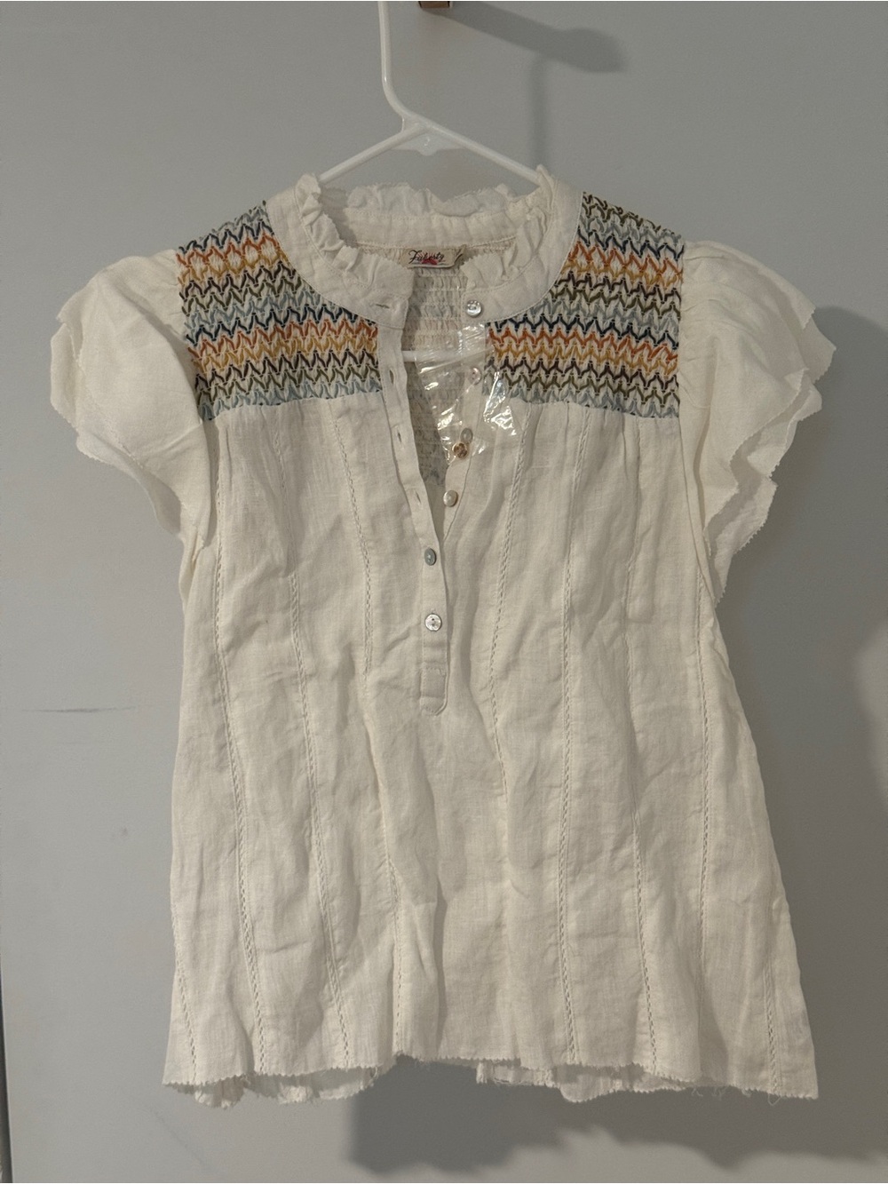 Faherty Ivory Embroidered Linen Top Sz S Boho Ruffle - Picture 4 of 6